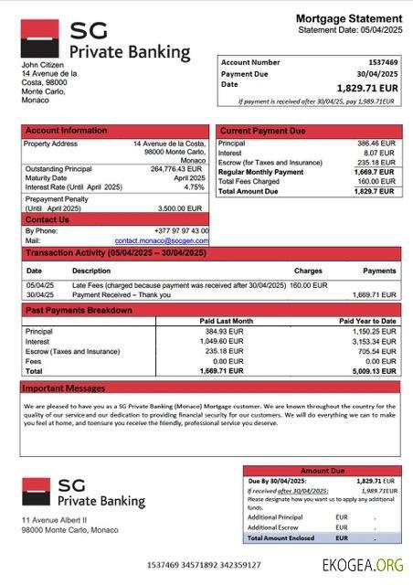 Modèle Word et PDF de relevé hypothécaire de Monaco SG Private Banking (Monaco)